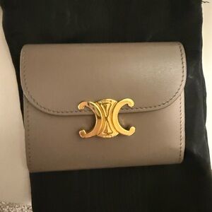 Celine Taupe/Pebble Leather Wallet with Gold Accent